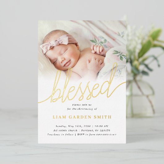 シンプル1枚賛美のバプテスマ金ゴールド 箔招待状 (立ち正面)
