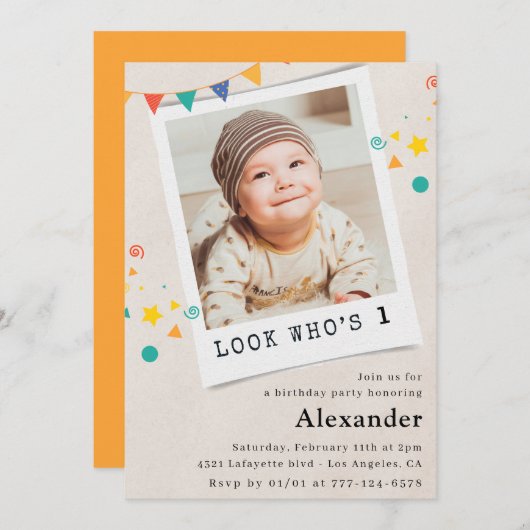 シンプル1歳の誕生日招待状ボーイフォト 招待状 (正面/裏面)