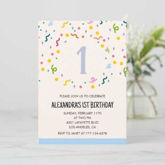 シンプル1歳の誕生日招待状紙吹雪モダン 招待状 (スタンド正面)