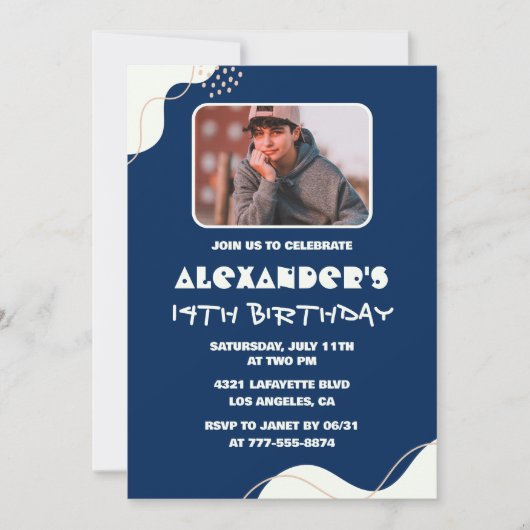 シンプル14歳の誕生日招待状Boy Photo Navy 招待状 (正面)