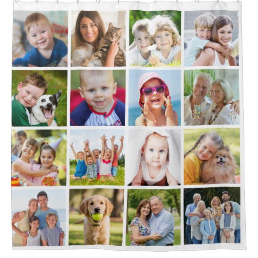 シンプル16角形フォトコラージュ シャワーカーテン (正面)