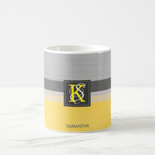 シンプル2トーンイエローとグレーイニシャルモノグラム コーヒーマグカップ (中央)