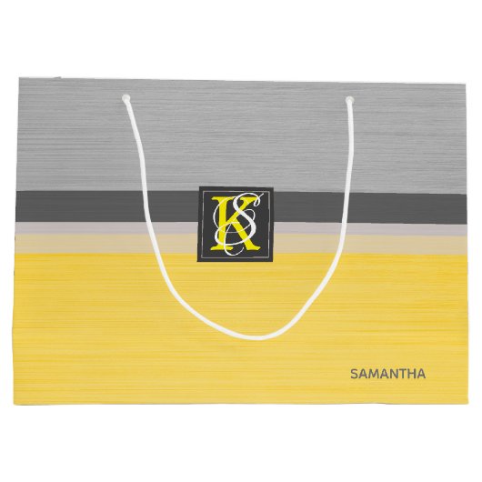 シンプル2トーンイエローとグレーイニシャルモノグラム ラージペーパーバッグ (裏面)