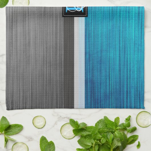 シンプル2トーンブルーとグレーイニシャルモノグラム キッチンタオル (折り畳み)