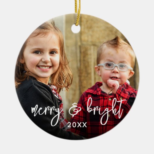 シンプル2フォトメリークリスマスホリデー名モダン セラミックオーナメント (正面)