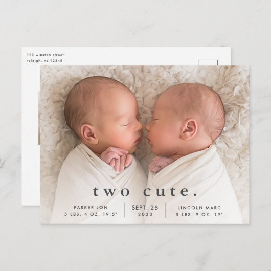 シンプル2匹かわいい双子の誕生発表 ポストカード (正面/裏面)