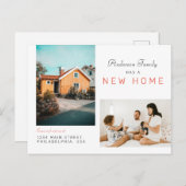 シンプル2家族の写真の新しいホーム移動|赤 案内ポストカード (正面/裏面)