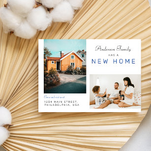 シンプル2家族の写真の新しいホーム移動 青 案内ポストカード