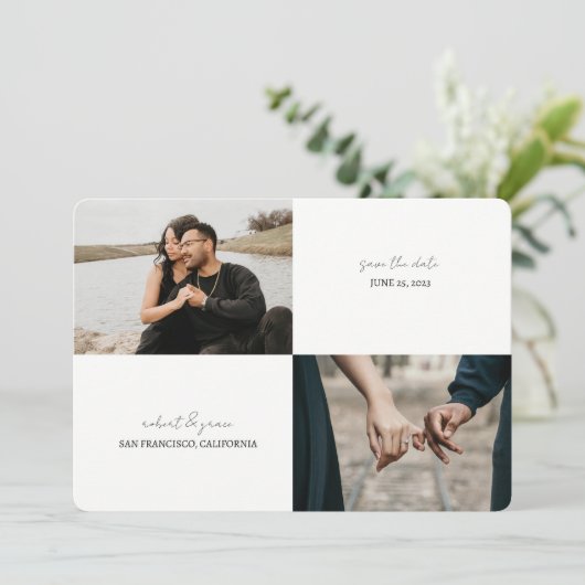 シンプル2枚の写真が日付カードを保存 セーブザデート (スタンド正面)