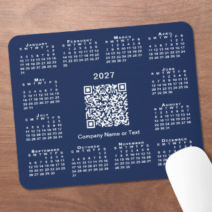 シンプル2027年カレンダー ビジネスQRコード ネイビーブルー マウスパッド