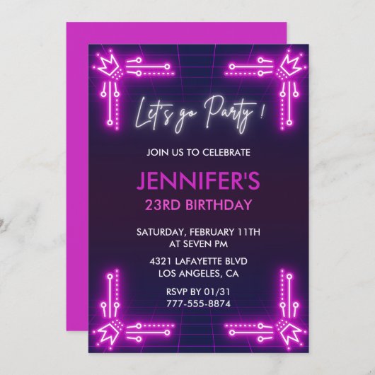 シンプル23歳の誕生日招待状ガールピンクネオン 招待状 (正面/裏面)