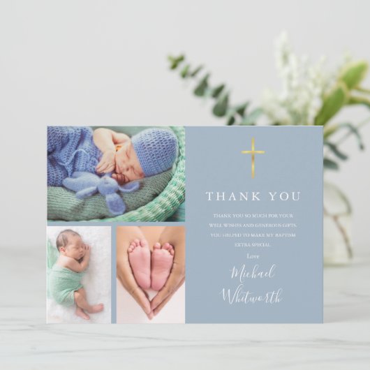シンプル3エレガント写真シグネチャースクリプトバプテスマ サンキューカード (スタンド正面)