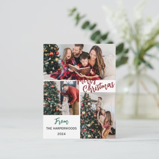 シンプル3エレガント枚のモダン写真クリスマスファミリー シーズンポストカード (スタンド正面)