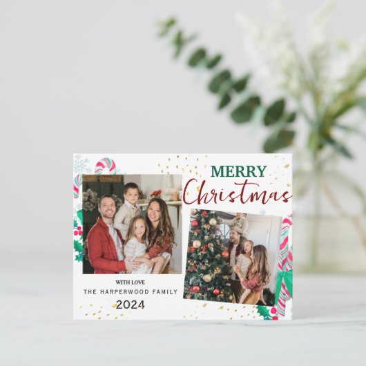 シンプル3エレガント枚のモダン写真クリスマスファミリー シーズンポストカード (スタンド正面)