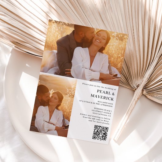 シンプル3エレガント枚の写真qrコード白黒結婚s 招待状