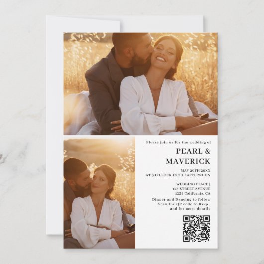 シンプル3エレガント枚の写真qrコード白黒結婚s 招待状 (正面)