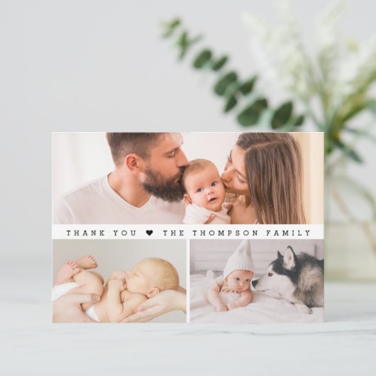 シンプル3カスタム枚の写真コラージュ赤ちゃんシャワー サンキューカード (スタンド正面)
