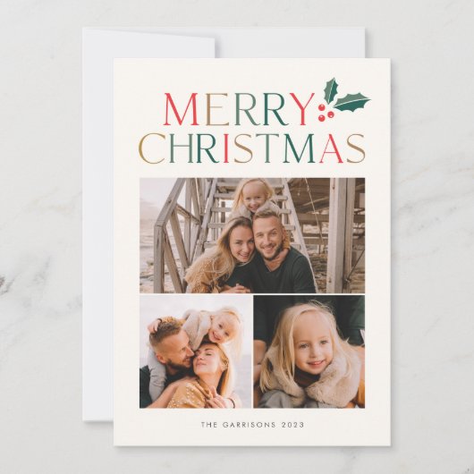 シンプル3フォトコラージュカラフルメリークリスマス シーズンカード (正面)
