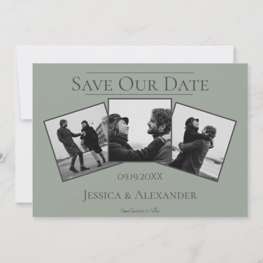 シンプル3フォトコラージュ | Sage Green日付を保存 セーブザデート (正面)