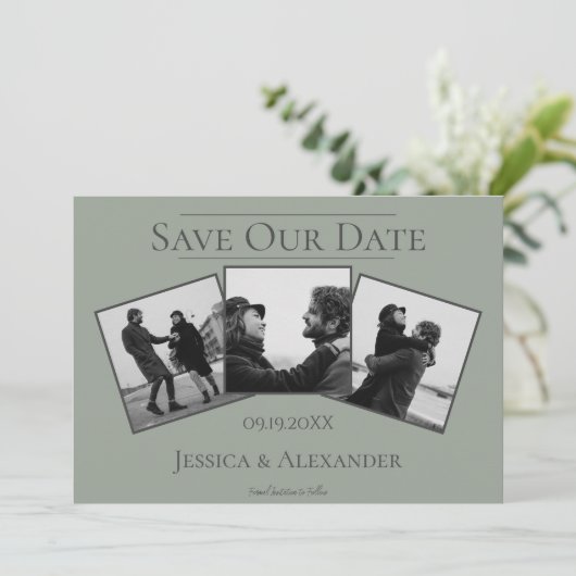 シンプル3フォトコラージュ | Sage Green日付を保存 セーブザデート (スタンド正面)
