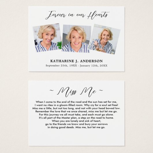 シンプル3フォト悔やみや弔慰記念祈りの言葉カード (正面&裏面)