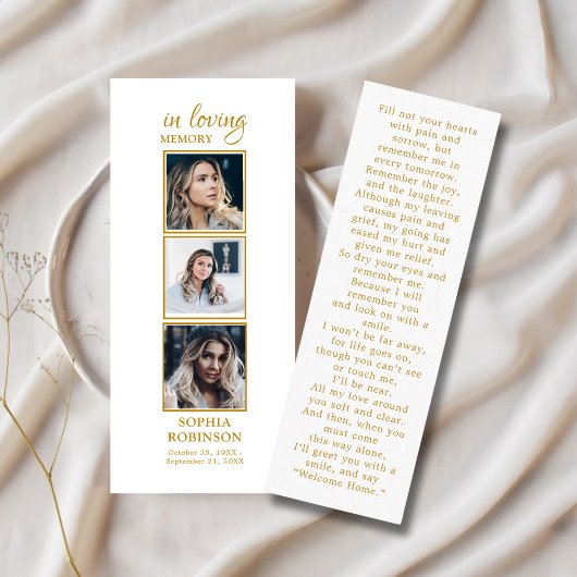 シンプル3フォト金ゴールド悔やみや弔慰祈りの言葉カード スキニー名刺