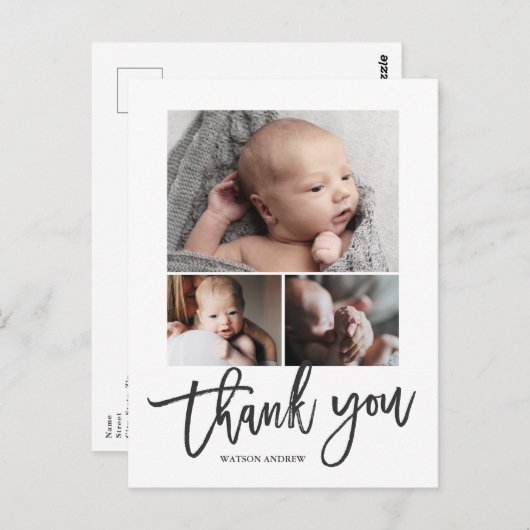 シンプル3モダンフォトコラージュベビー写真ありがとう ポストカード (正面/裏面)