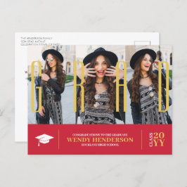 シンプル3モダン写真赤の卒業発表 ポストカード