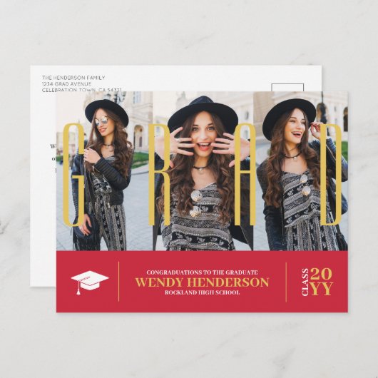 シンプル3モダン写真赤の卒業発表 ポストカード (正面/裏面)