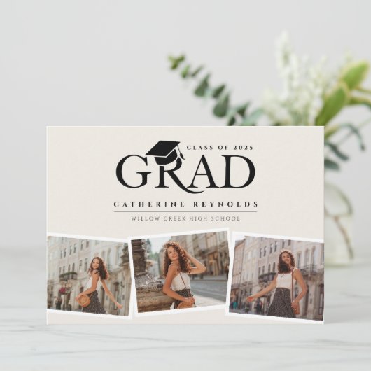 シンプル3モダン枚の写真の卒業発表 招待状 (スタンド正面)