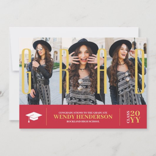 シンプル3モダン枚フォトコラージュ赤い卒業 案内状 (正面)