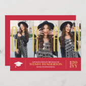 シンプル3モダン枚フォトコラージュ赤い卒業 案内状 (正面/裏面)