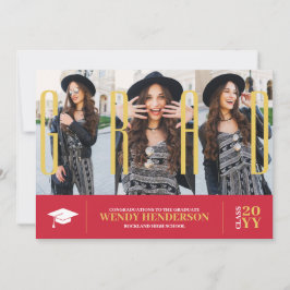 シンプル3モダン枚フォトコラージュ赤い卒業 案内状