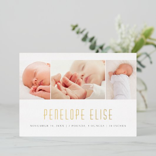 シンプル3写真コラージュベビー誕生発表金ゴールド 箔招待状 (立ち正面)
