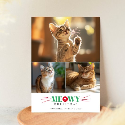 シンプル3写真レッドグリーンMeowy Christmas Cute Cat シーズンカード