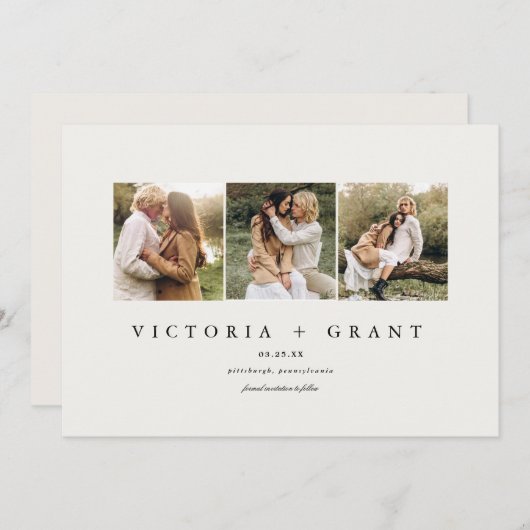 シンプル3写真保存日のフォトカード セーブザデート (正面/裏面)