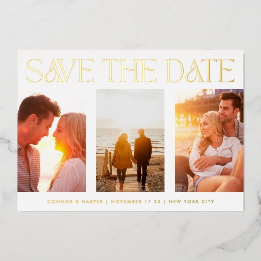 シンプル3数々の枚の写真の保存実在日 箔招待状 (正面)