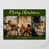 シンプル3枚の写真コラージュのプレイドメリークリスマス 箔シーズンカード (正面)