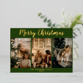 シンプル3枚の写真コラージュのプレイドメリークリスマス 箔シーズンカード (立ち正面)