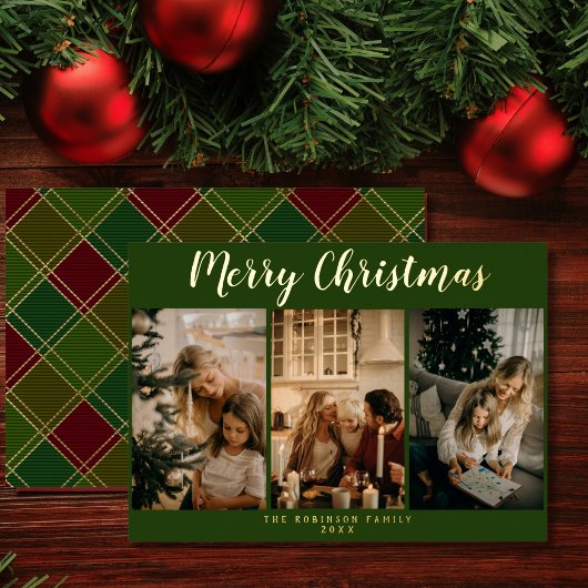 シンプル3枚の写真コラージュのプレイドメリークリスマス 箔シーズンカード