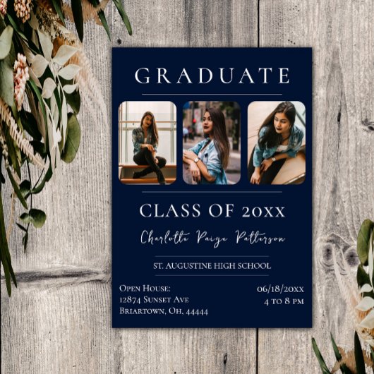 シンプル3枚の写真卒業 |ネイビーブルー 招待状