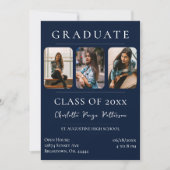 シンプル3枚の写真卒業 |ネイビーブルー 招待状 (正面)