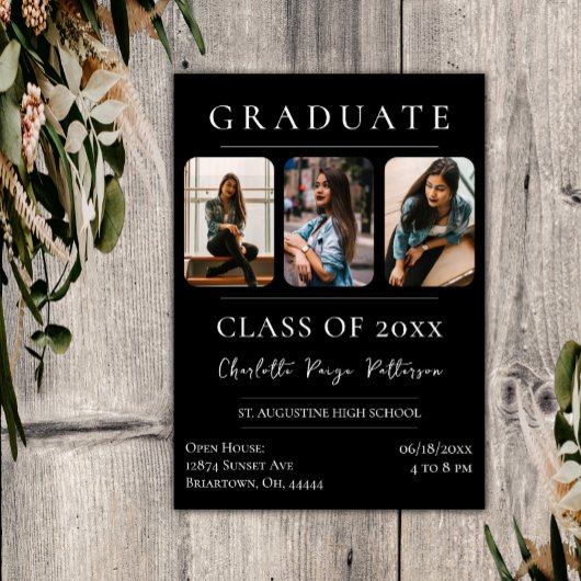 シンプル3枚の写真卒業 |黒 招待状