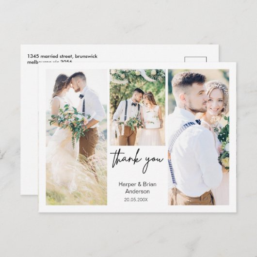 シンプル3枚の写真結婚の感謝はがき ポストカード (正面/裏面)