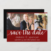 シンプル3枚の写真 |クラシック濃い赤と黒 セーブザデート (正面/裏面)