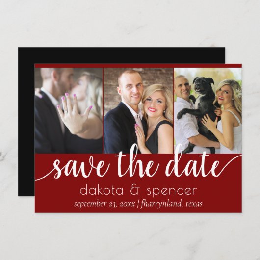 シンプル3枚の写真 |クラシック濃い赤と黒 セーブザデート (正面/裏面)