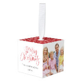 シンプル3枚フォトレッド&ホワイトクリスマス キューブオーナメント (正面アングル)