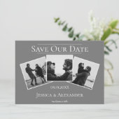 シンプル3枚写真コラージュ | グレー 結婚式延期のお知らせ セーブザデート (スタンド正面)