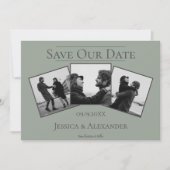 シンプル3枚写真コラージュ | セージグリーン 結婚式の日程お知らせカード セーブザデート (正面)