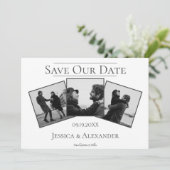 シンプル3枚写真コラージュ | ホワイト セーブ・ザ・デート (スタンド正面)